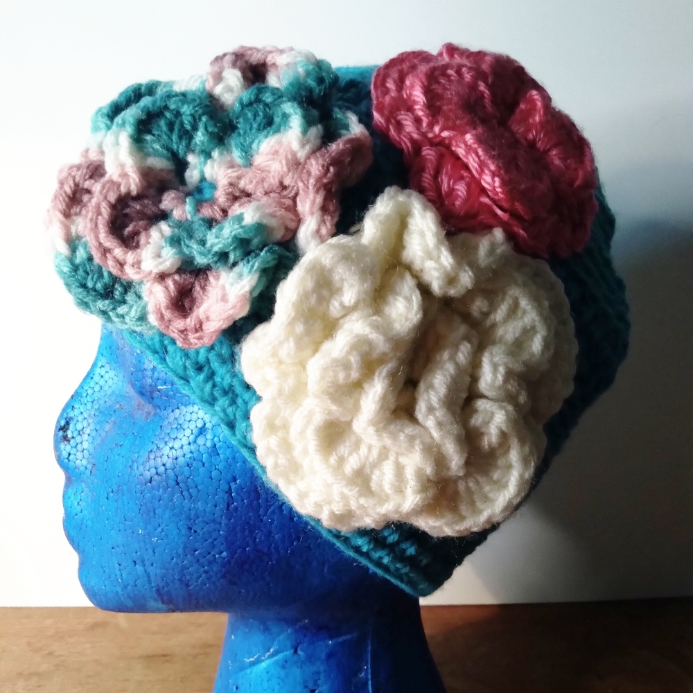 Turquoise Blue Beanie Floral Embellished
